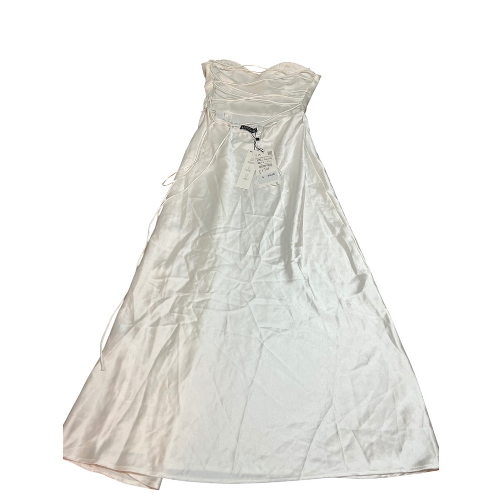 Zara White Satin Corset Maxi Dress Lace Up Back High Slit XS Bridal Old Money - Picture 6 of 11